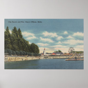 Coeurのd'Alene、ID -都市ビーチの眺め及び桟橋 ポスター