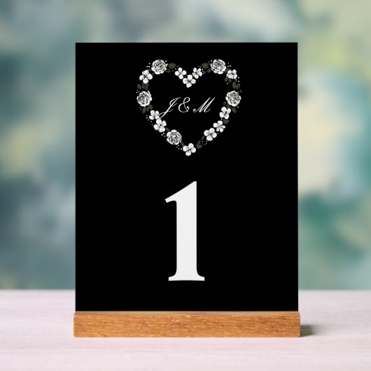 Cœur floral noir et blanc en acrylique mariage アクリルサイン (ニュートラル)