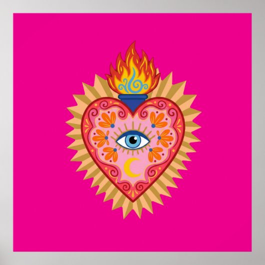 Cœur Sacré Mexicain avec Œil Protecteur et Flamme ポスター (正面)