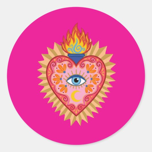 Cœur Sacré Mexicain avec Œil Protecteur et Flamme ラウンドシール (正面)