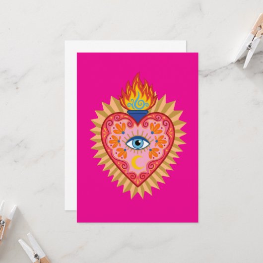 Cœur Sacré Mexicain avec Œil Protecteur et Flamme  招待状 (正面/裏面インサイチュ)