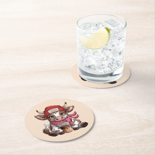 Coffee Addict Cow ラウンドペーパーコースター (インサイチュ)