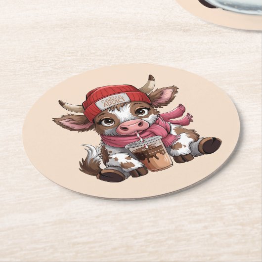 Coffee Addict Cow ラウンドペーパーコースター (アングル)