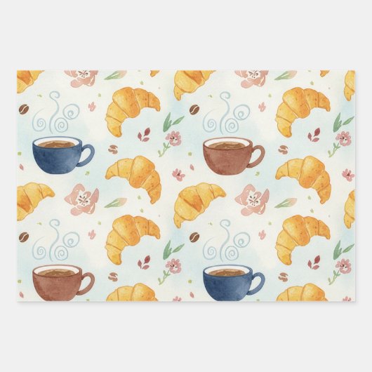 Coffee and Croissant Design Gift Wrap Flat Wrap ラッピングペーパーシート (正面3)