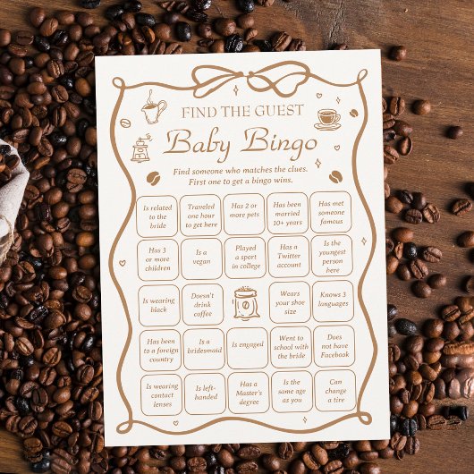 Coffee Baby Shower Find the Guest Bingo Game Card 招待状