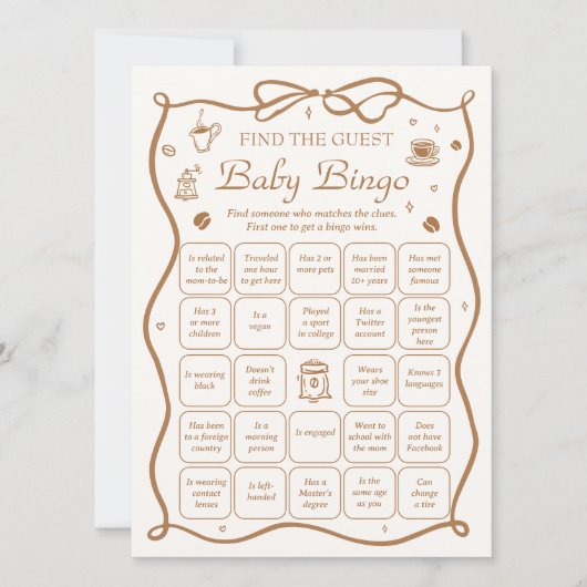 Coffee Baby Shower Find the Guest Bingo Game Card 招待状 (正面)