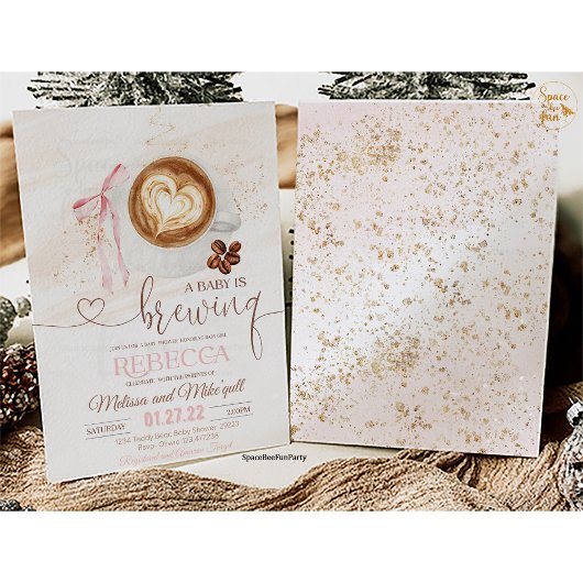 Coffee baby shower Is Brewing bow 招待状