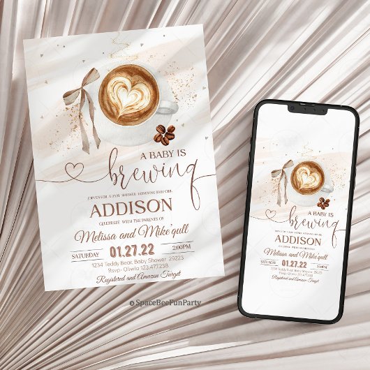 Coffee baby shower Is Brewing  bow 招待状