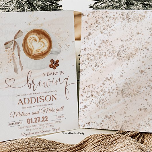 Coffee baby shower Is Brewing bow 招待状