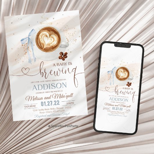 Coffee baby shower Is Brewing bow 招待状
