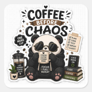 Coffee Before Chaos – もふもふパンダコーヒーステッカー スクエアシール