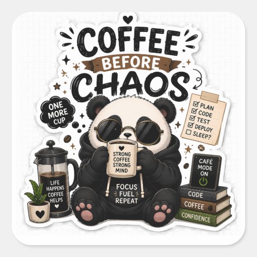 Coffee Before Chaos – もふもふパンダコーヒーステッカー スクエアシール (正面)