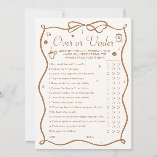 Coffee Bridal Shower Over and Under Game Card 招待状 (正面)