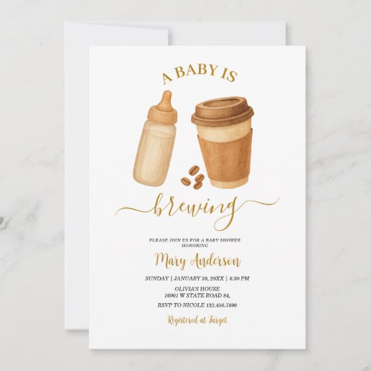 Coffee Brown A Baby Is Brewing Modern Baby Shower 招待状 (正面)