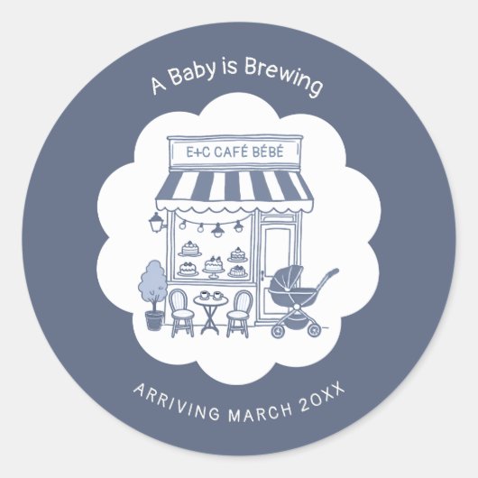 Coffee Brunch Theme Bebe Cafe Blue 2 Baby Shower ラウンドシール (正面)