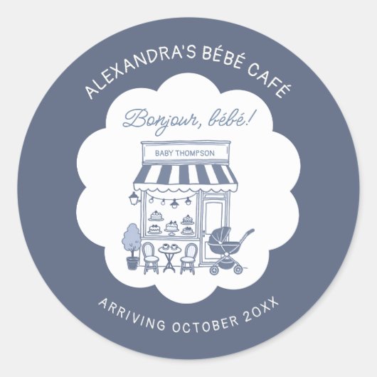 Coffee Brunch Theme Bebe Cafe Blue Baby Shower ラウンドシール (正面)