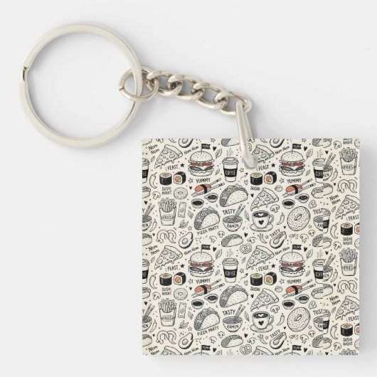 Coffee & Café Doodle Pattern –Cute Hand Drawn Food キーホルダー (正面)