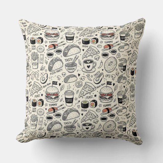 Coffee & Café Doodle Pattern –Cute Hand Drawn Food クッション (正面)