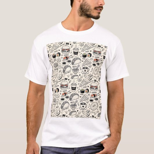 Coffee & Café Doodle Pattern –Cute Hand Drawn Food Tシャツ (正面)