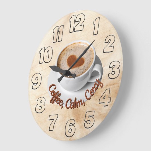 Coffee, Calm, Cozy Wall Clock Design ラージ壁時計 (傾斜)