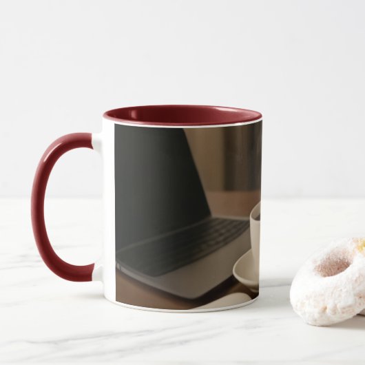 "Coffee & Clicks マグカップ – 蒸気、ショッピング、そして膝上" (ドーナツ)