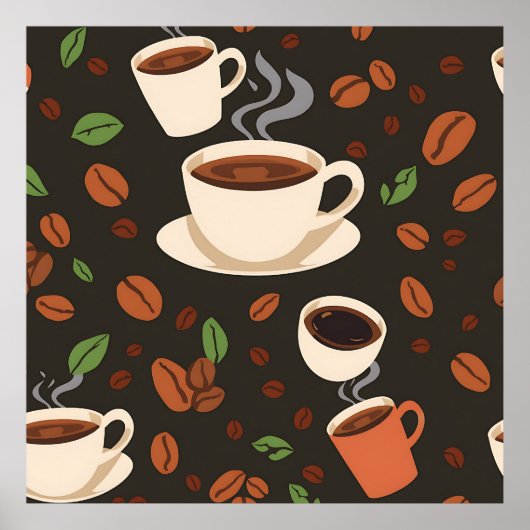 Coffee Cups Beans Morning Pattern ポスター (正面)
