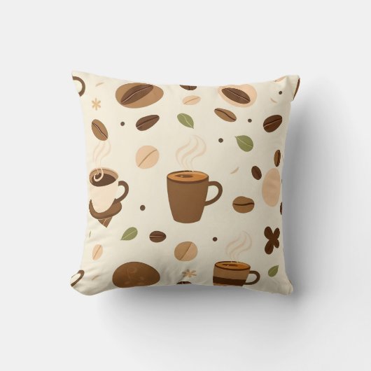 Coffee Cups, Beans & Steam Design クッション (正面)