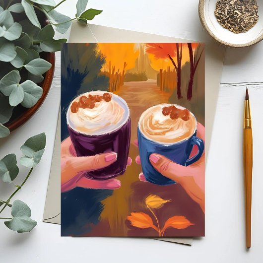 Coffee Date Fall Foliage Autumn Watercolor Card