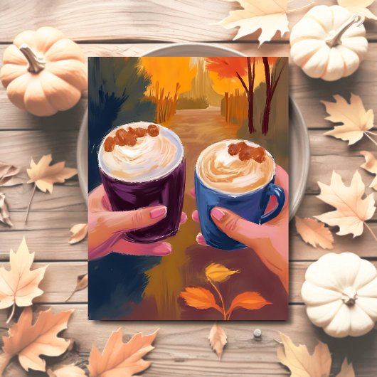 Coffee Date Fall Foliage Autumn Watercolor Card