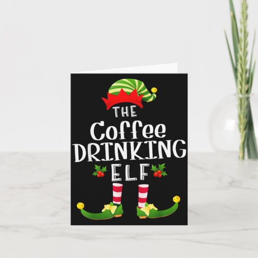 Coffee Drinking Christmas Elf Matching Pajama X-ma カード (正面)