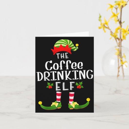 Coffee Drinking Christmas Elf Matching Pajama X-ma カード (黄色い花)