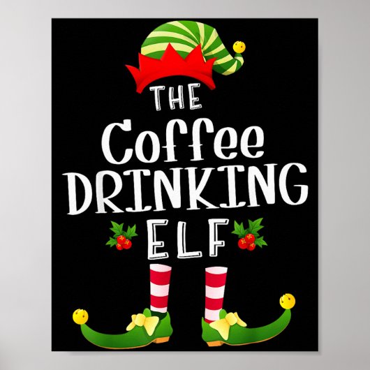 Coffee Drinking Christmas Elf Matching Pajama X-ma ポスター (正面)
