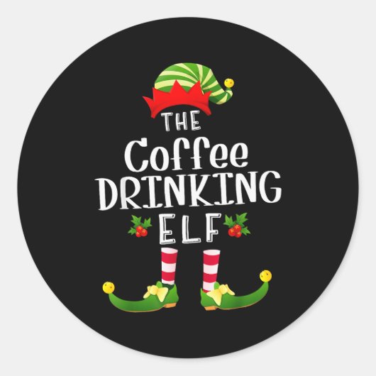 Coffee Drinking Christmas Elf Matching Pajama X-ma ラウンドシール (正面)