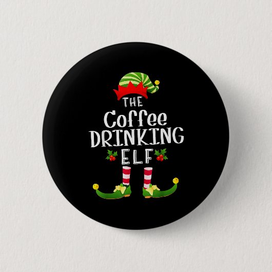 Coffee Drinking Christmas Elf Matching Pajama X-ma 缶バッジ (正面)