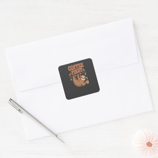 Coffee First Funny Sloth Sticker スクエアシール (封筒)