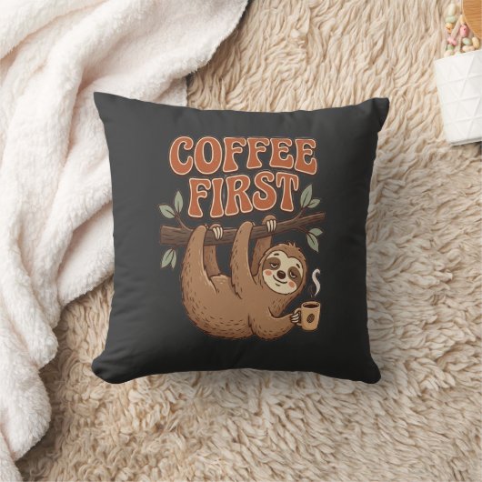 Coffee First Funny Sloth Throw Pillow クッション (ブランケット)
