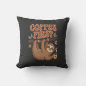 Coffee First Funny Sloth Throw Pillow クッション (正面)