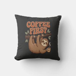 Coffee First Funny Sloth Throw Pillow クッション