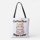 Coffee First Naps Later Cute Cat | Kawaii Coffee トートバッグ (裏面)