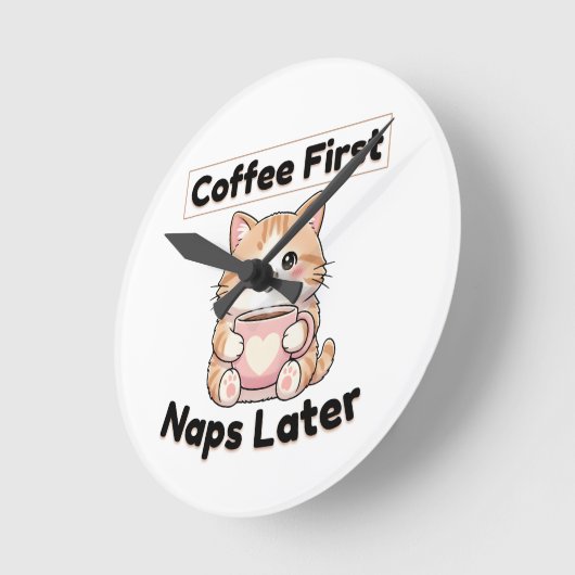 Coffee First Naps Later Cute Cat | Kawaii Coffee  ラウンド壁時計 (傾斜)