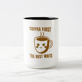 "COFFEE FIRST, THE REST WAITS" - Cartoon Coffee ツートーンマグカップ