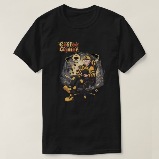 Coffee Gamer Anime Boy Yellow Aesthetic Art Tシャツ (デザイン正面)