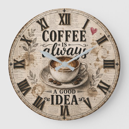 Coffee Is Always a Good Idea Rustic Café Decor ラージ壁時計 (正面)