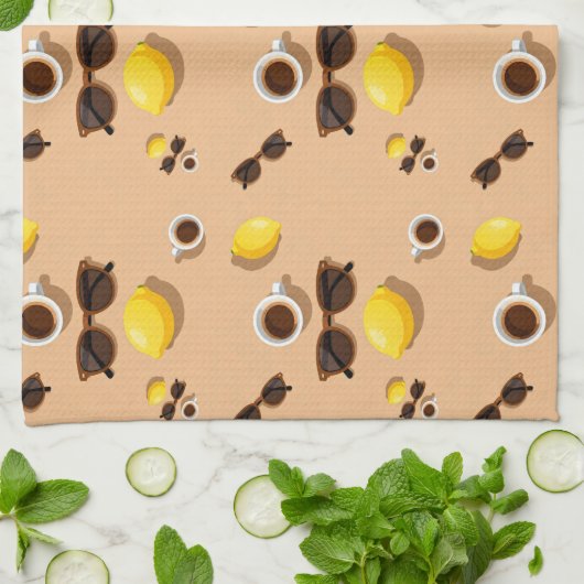 Coffee lemons and sunglasses on a warm sand キッチンタオル (折り畳み)