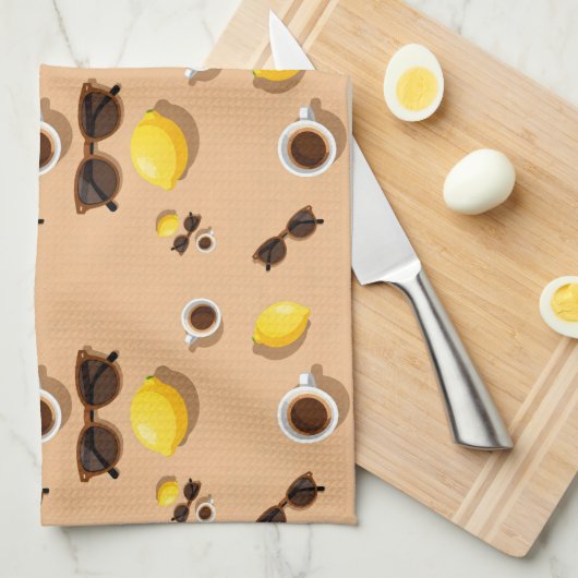 Coffee lemons and sunglasses on a warm sand キッチンタオル (四つ折り)