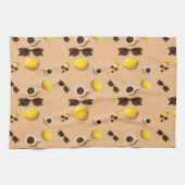 Coffee lemons and sunglasses on a warm sand キッチンタオル (横)