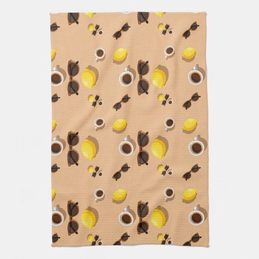 Coffee lemons and sunglasses on a warm sand キッチンタオル (縦)