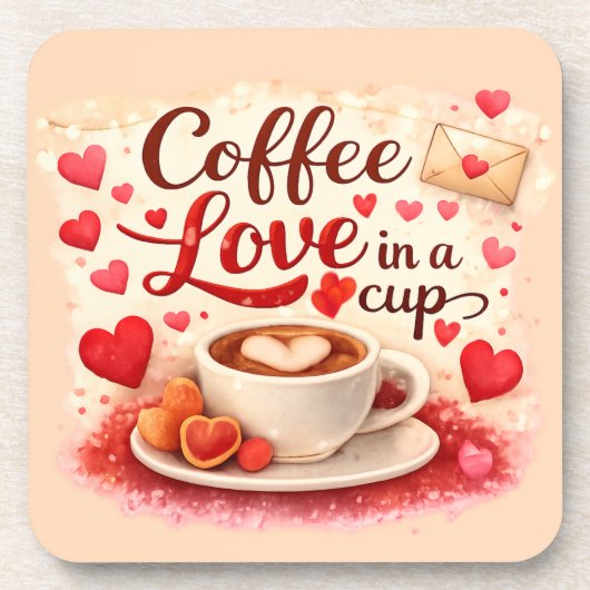 Coffee Love in a Cup Coffee Lovers Valentines Pink コースター (正面)