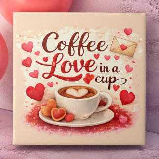 Coffee Love in a Cup Valentine Soft Pink タイル