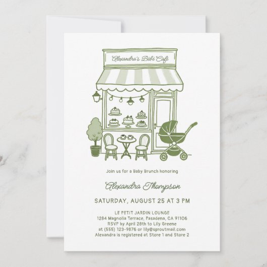 Coffee Lover Bebe Brewing Brunch Green Baby Shower 招待状 (正面)